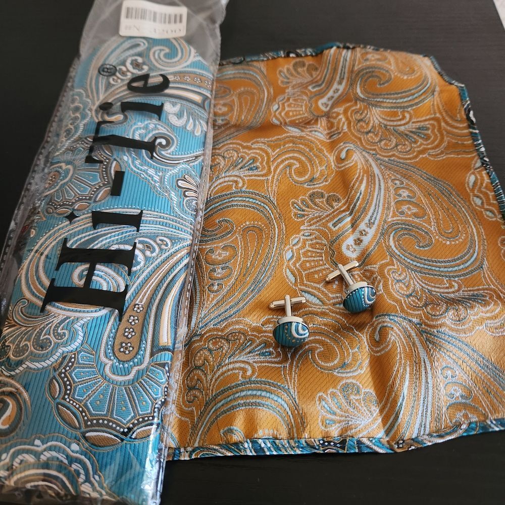 Hi-Tie Mens Paisley Tie Set with Matching Cufflinks & Handkerchief 100% Silk